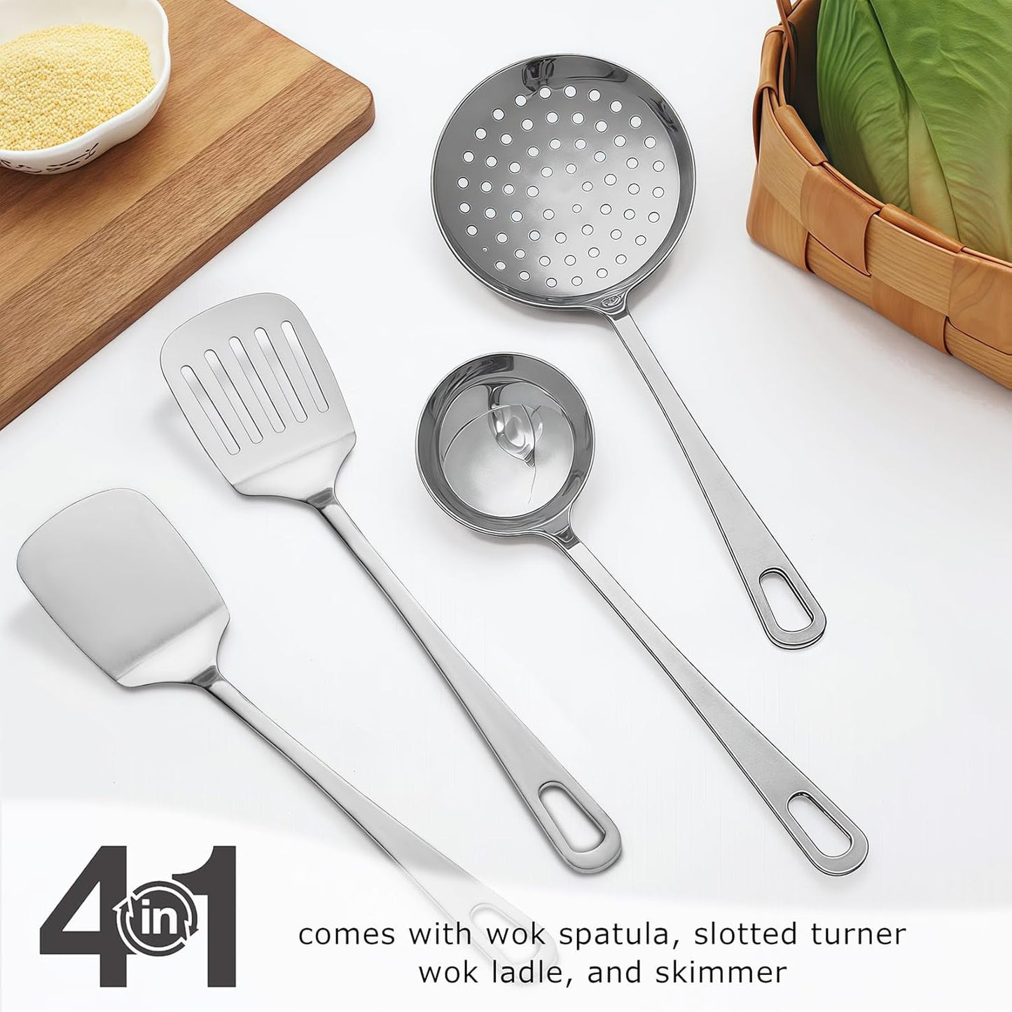 4pcs Cooking Utensils Set - Stainless Steel Kitchen Utensils, Heavy Duty Metal Kitchen Tools with Stainless Steel Spatula Solid & Slotted Turner, Ladle, Skimmer, Dishwasher Safe Easy to Clean