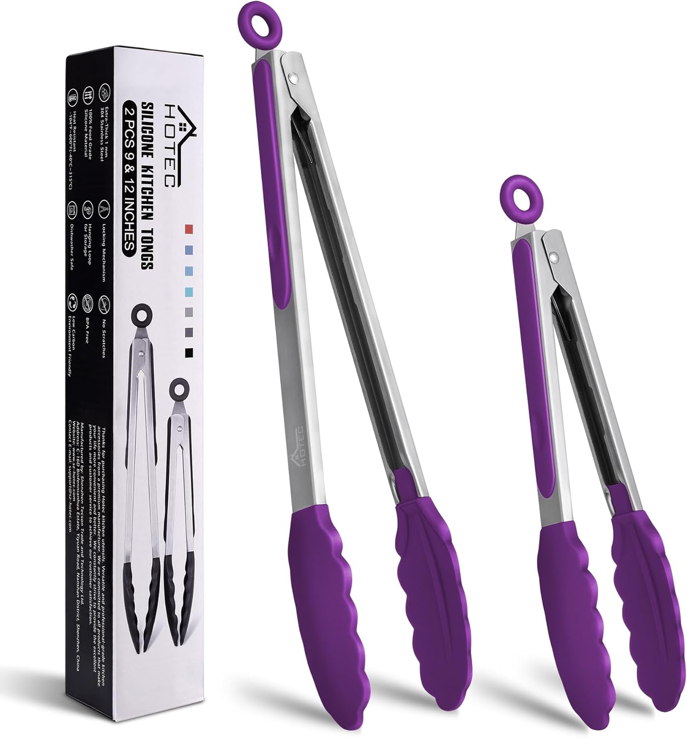 HOTEC Premium Stainless Steel Locking Kitchen Tongs with Silicon Tips, Set of 2-9" and 12" (Purple)
