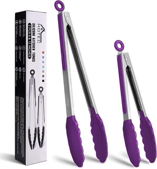 HOTEC Premium Stainless Steel Locking Kitchen Tongs with Silicon Tips, Set of 2-9" and 12" (Purple)