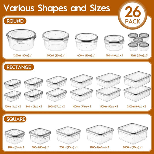 52 PCS Food Storage Containers with Lids Airtight (26 Containers & 26 Lids), Leak proof Meal Prep Container Set for Kitchen Storage, BPA-free, PVC-free Plastic, Microwave/Dishwasher Safe, Labels & Pen