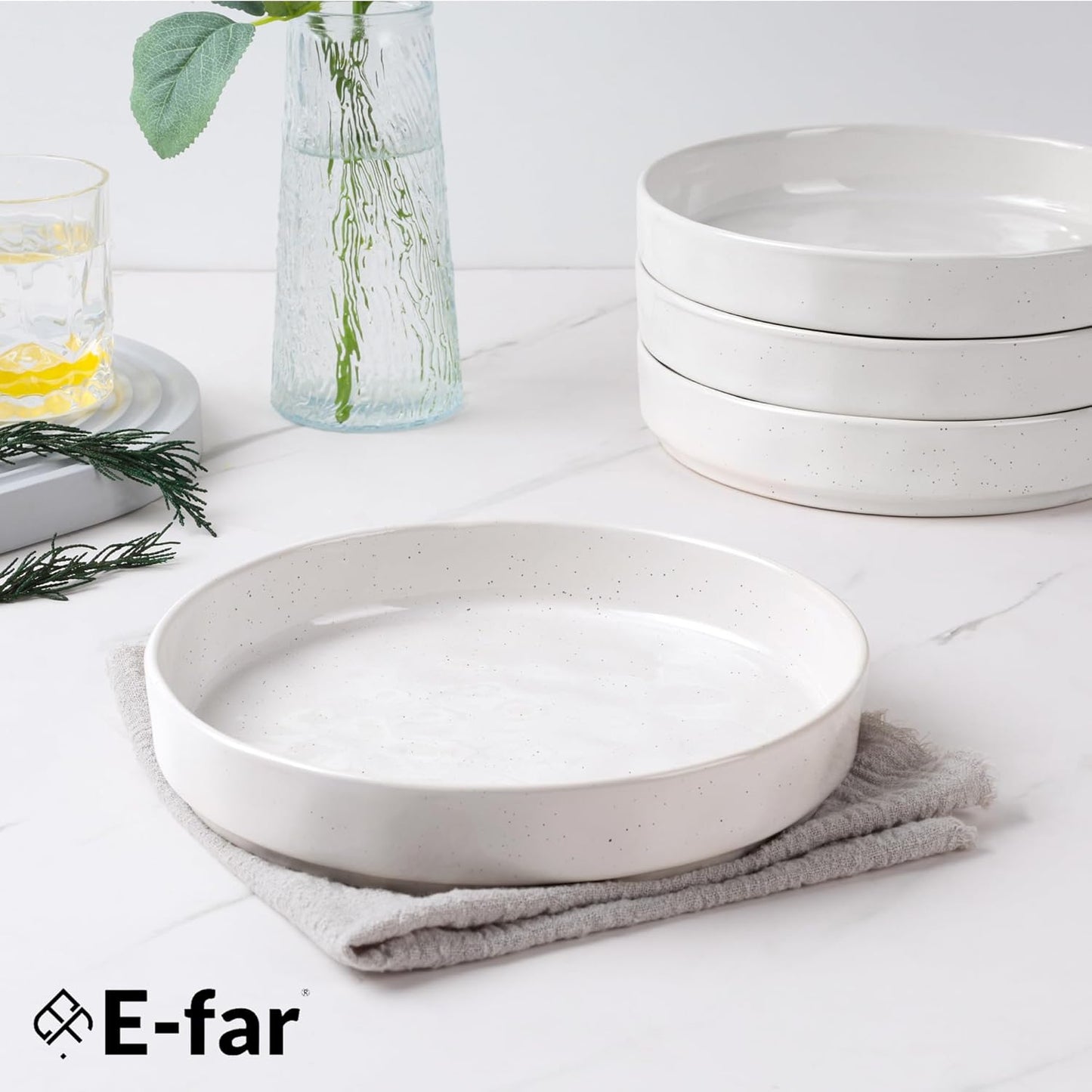 E-far Pasta Bowls Set of 4, 30oz Shallow Salad Bowls for Dinner Serving, 8.25" Stoneware Ceramic Bowl Plates for Noodle Soup, Microwave & Dishwasher Safe, Glossy Porcelain, Speckled White