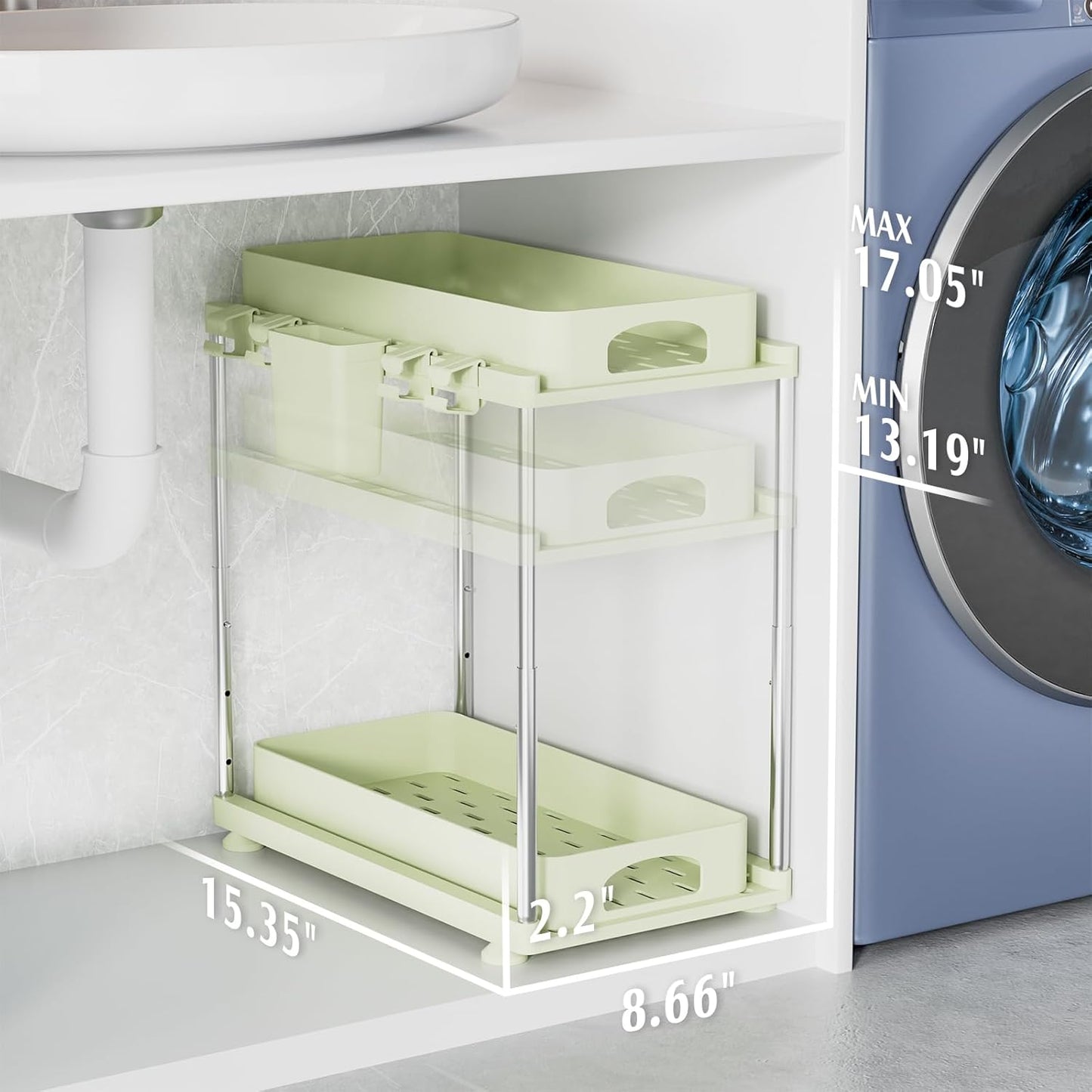 Under Sink Organizer, 2 Pack Under Kitchen Bathroom Cabinet Organizer, 2 Tier Under Bathroom Kitchen Sink Organizer, Adjustable Height Bathroom Kitchen Cabinet Organizers and Storage, Green