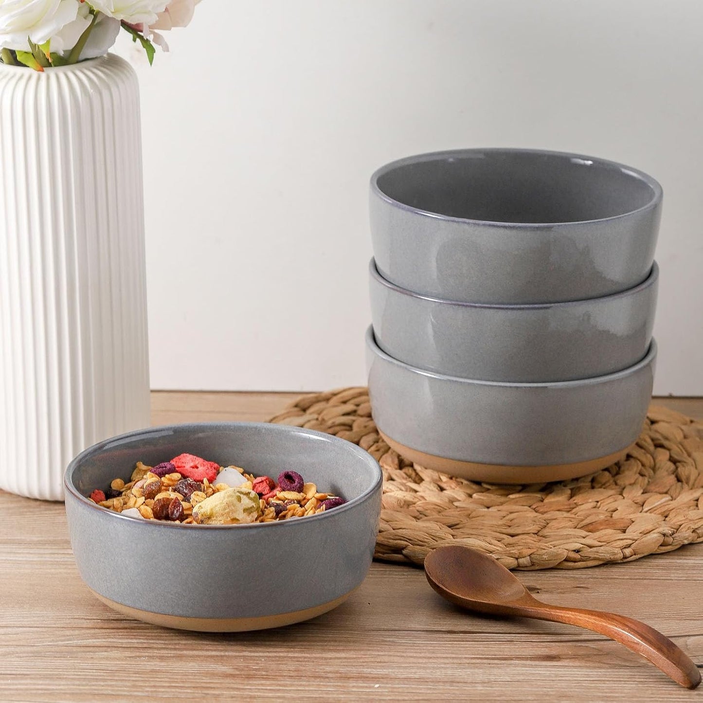 Ceramic Soup Bowls Set of 6,30 Ounce Stoneware Cereal Bowl,Porcelain Nesting Bowls for Oatmeal,Popcorn,Soup,Pasta,Fruit,Housewarming Gift,Microwave & Dishwasher Safe,Gray