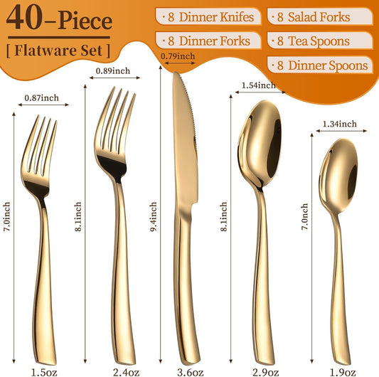 40-Piece Black Silverware Set, Heavy Duty Stainless Steel Flatware Cutlery Set Service for 8, Food-Grade Utensil Sets for Home Restaurant, Dishwasher Safe (Gold, 40)
