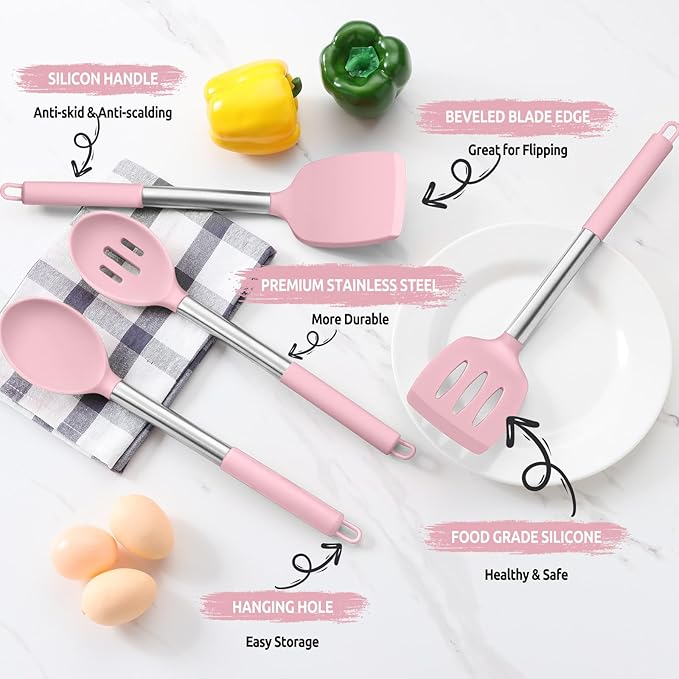E-far Cooking Utensils Set of 4, Silicone Kitchen Utensils for Non-stick Cookware, Heat Resistant & Non-toxic Slotted Spatula Solid Spoon Turner for Flipping Mixing Serving Basting(Pink)