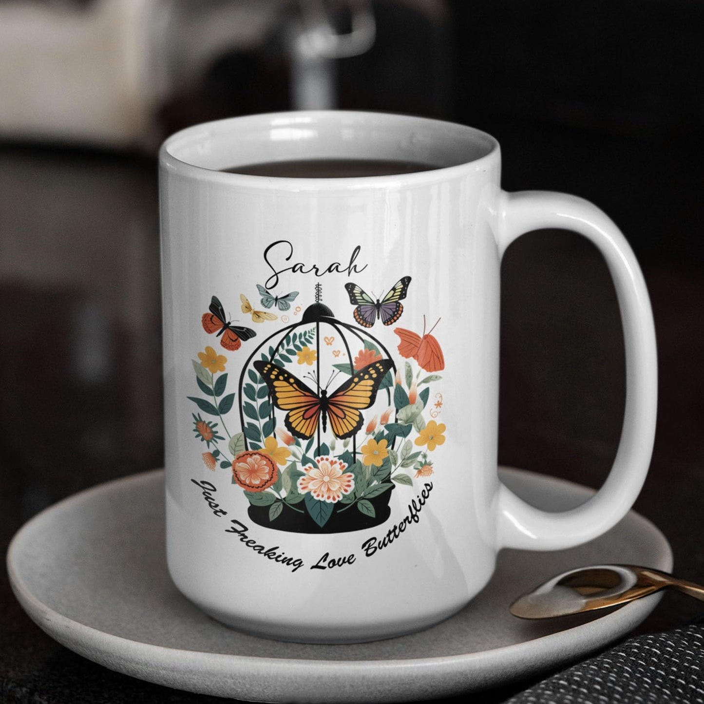 Personalized Name Just Freaking Love Butterflies Travel Mugs, Customized Colorful Butterfly Lovers Ceramic Presents Cups, Custom Great Birthday Animal Tea Cup Gift 11oz 15oz