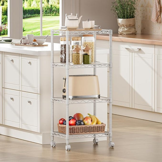 SINGAYE 4 Small Shelves Storage Shelf Wire Shelving Unit Metal Shelf Adjustable Organizers Storage Shelving with Wheels for Bathroom Laundry Room Kitchen Pantry11.5”D x 17.3”W x 44.5”H White