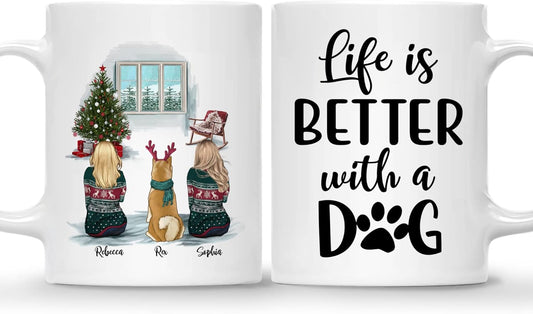 Gossby Personalized Dog Mug - Life is Better with a Dog (2 Girls - Dog) - Customized Christmas Coffee Mug for Dog Moms - Purfect Gifts for Women on Christmas - 11oz, 15oz White, Two-tone Dog Mom Mug