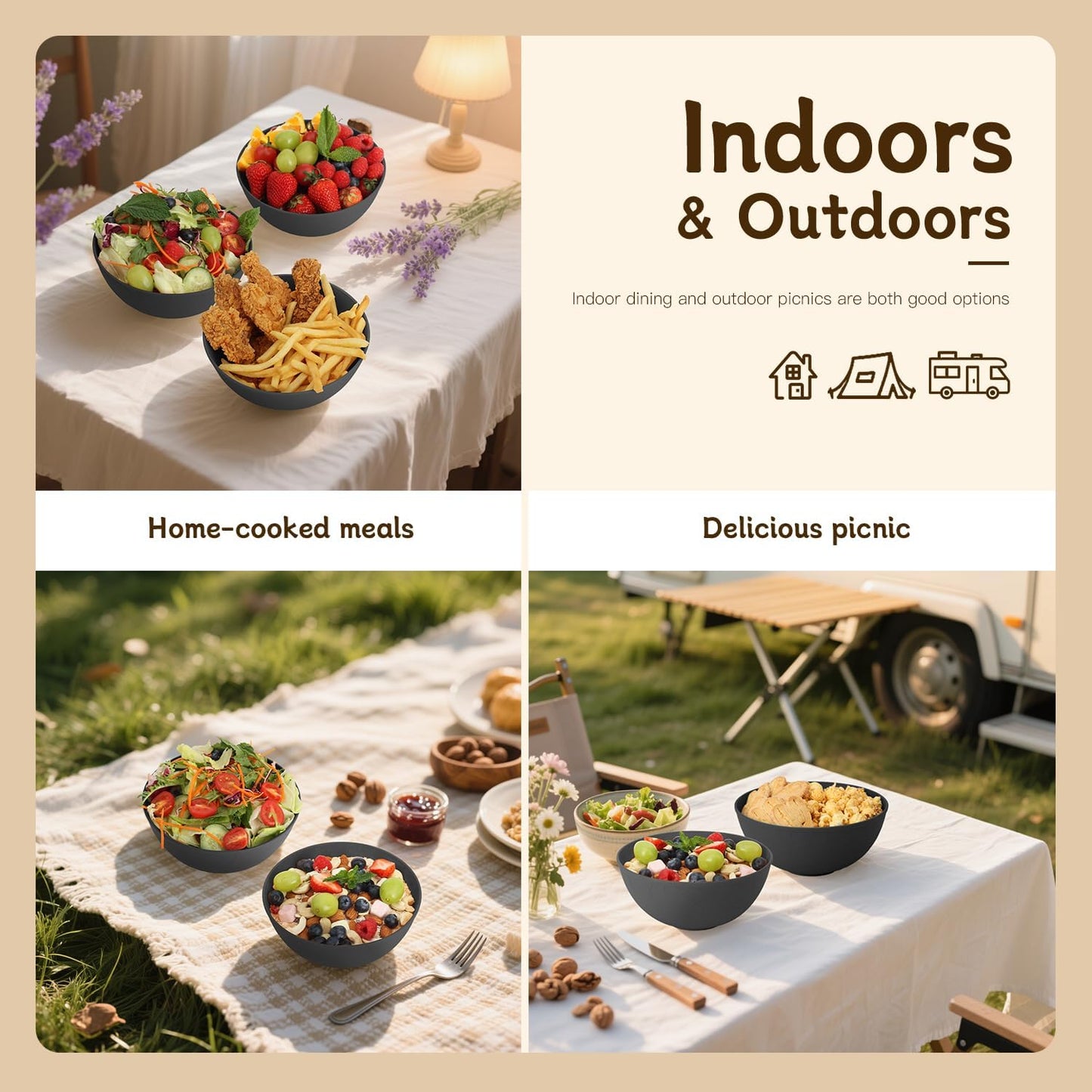 Wrova Black Cereal Bowls 40oz for Cereal Lover,Unbreakable Alternative Plastic Bowls Set of 6,Extra Thick Anti-Scald Bowl Sets suitable for Salad,Soup and Fruit.