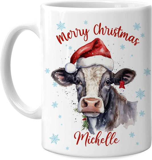 Hyturtle Personalized Gifts Cow Lover - Cow Wearing Santa Hat Custom Name Ceramic Coffee Mug Cup 11oz - Cute Animal Lovers Gifts For Women, Girl kids Family On Birthday, Christmas