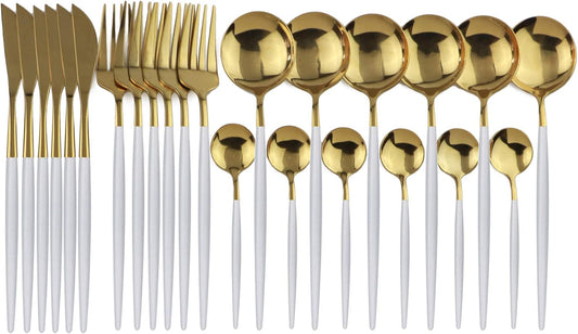24-Piece Flatware Set, 18/0 Stainless Steel Knife Fork Spoon Teaspoon Silverware Set, Service for 6, White Handle Gold