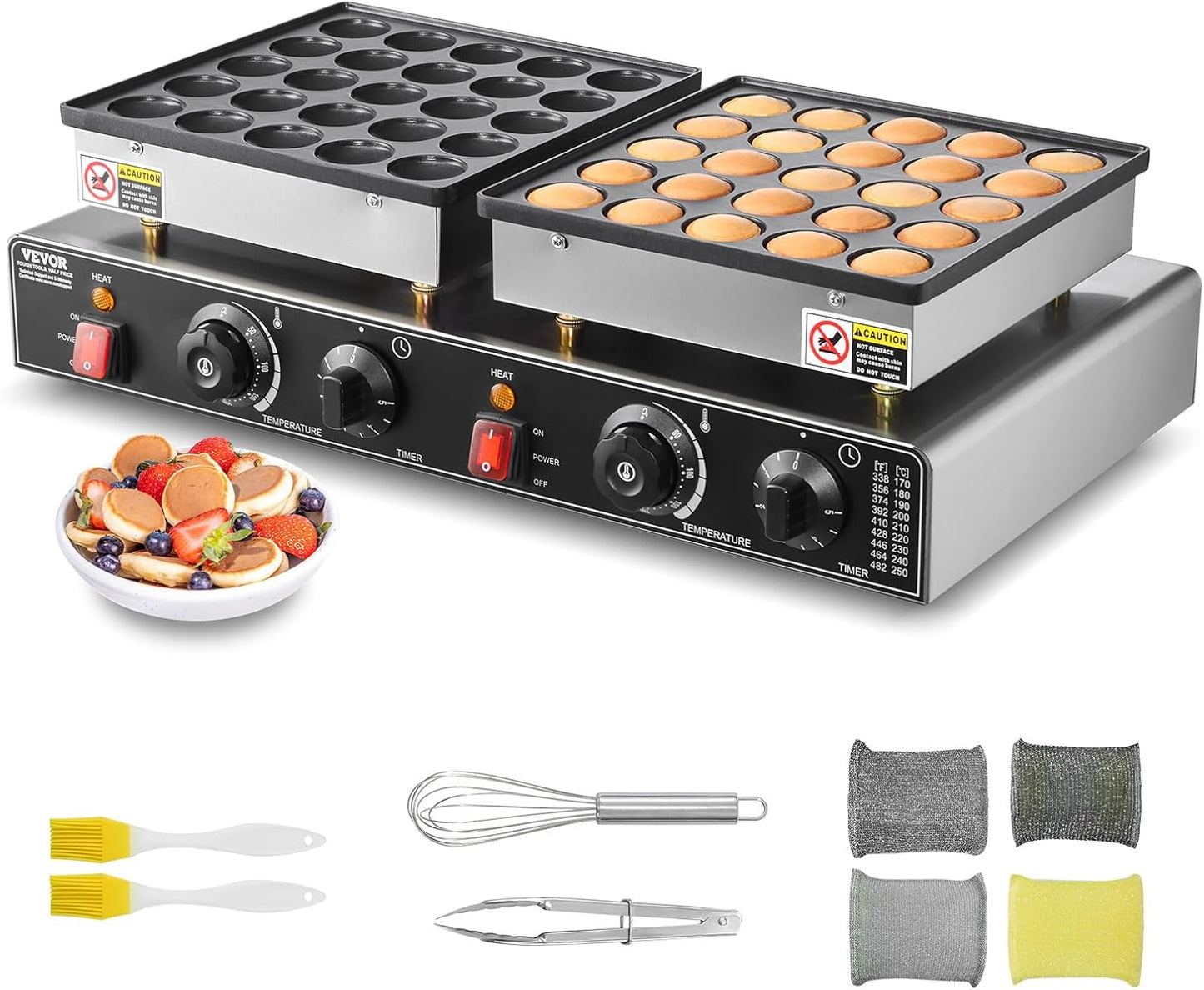 VEVOR 50PCS Mini Dutch Pancake Maker, Non-stick Stainless Steel Dorayaki Baker, 1800W Commercial Electric Poffertjes Grill Pan, Dual Temp & Time Control, for Kitchen Restaurant Breakfast Dessert