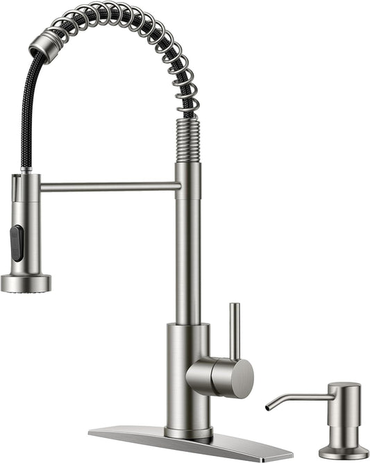 FORIOUS Kitchen Faucet with Soap Dispenser, Brushed Nickel Stainless Steel Spring Sink Faucet with Pull Down Sprayer Transitional Single Handle for Pot Filler, Farmhouse Camper Bar Laundry Room