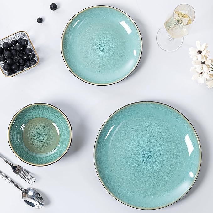Plates and Bowls Sets for 4 - CJDC-QUELO 12-Piece Stoneware Dinnerware Sets, Ceramic Dishware Set for Kitchen Use and Formal Dining, Chip and Scratch Resistant Microwave Dishwasher Safe, Green