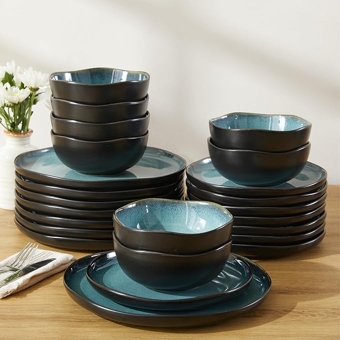 24 Piece Stoneware Dinnerware Set for 8, Reactive Glaze Plates and Bowls Sets | Designed for Holiday Dinners, Thanksgiving, Party Hosting | Durable Irregular Coastal Design, Green Black