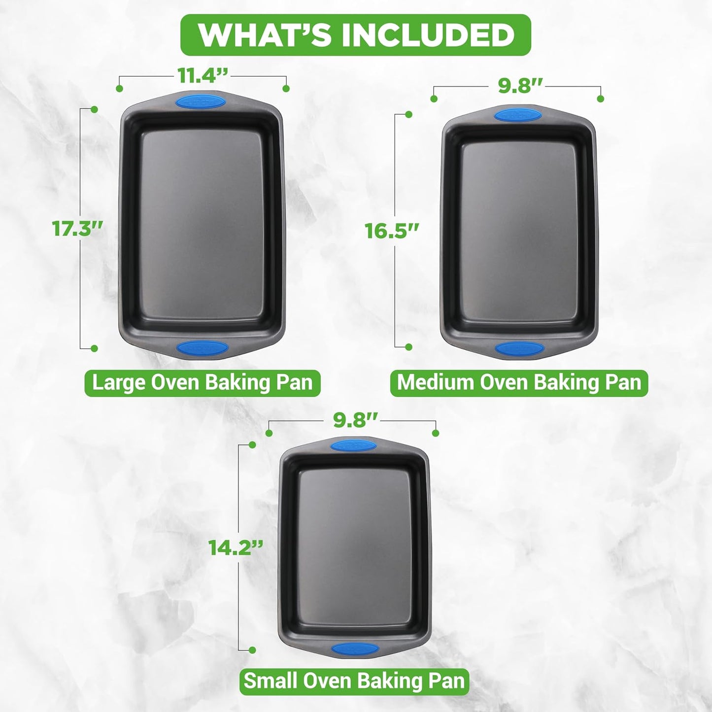 NutriChef 3-Piece Baking Pan Set - Premium Nonstick Carbon Steel Bakeware w/ Silicone Handles - Includes Large, Medium, & Small Pans for Baking & Roasting - PFOA, PFOS, PTFE Free - Gray