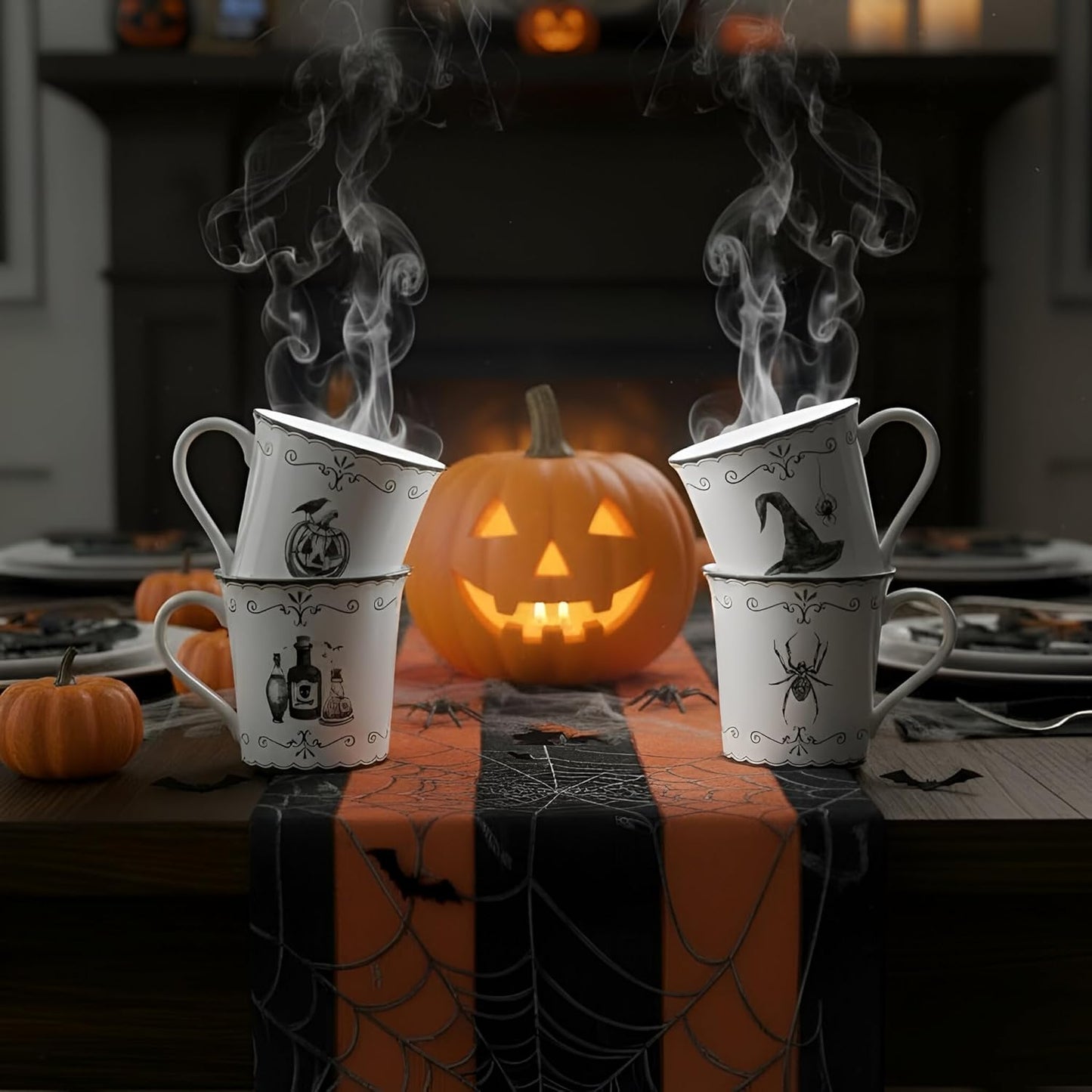 222 Fifth Elegant Haunting 4-Piece White Porcelain Halloween Mug Set - Witch Hat, Jack-o’-Lantern, Potion Bottles & Spider - 20.29 oz, Large Capacity Coffee Cups, Dishwasher & Microwave Safe