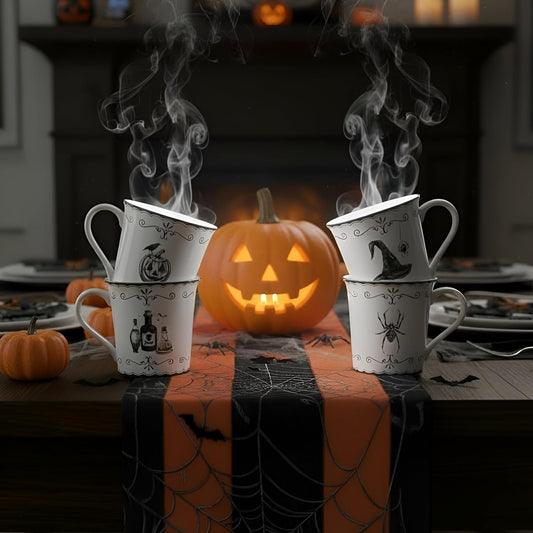 222 Fifth Elegant Haunting 4-Piece White Porcelain Halloween Mug Set - Witch Hat, Jack-o’-Lantern, Potion Bottles & Spider - 20.29 oz, Large Capacity Coffee Cups, Dishwasher & Microwave Safe