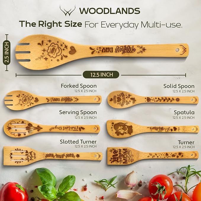 Wooden Spoons for Cooking & Kitchen gifts for mom - 6-Piece Wooden Utensil Set with Spatulas & Spoons, Heat-Resistant, Eco-Friendly Kitchen Utensils for Non-Stick Cookware (mom gifts) - gifts for her