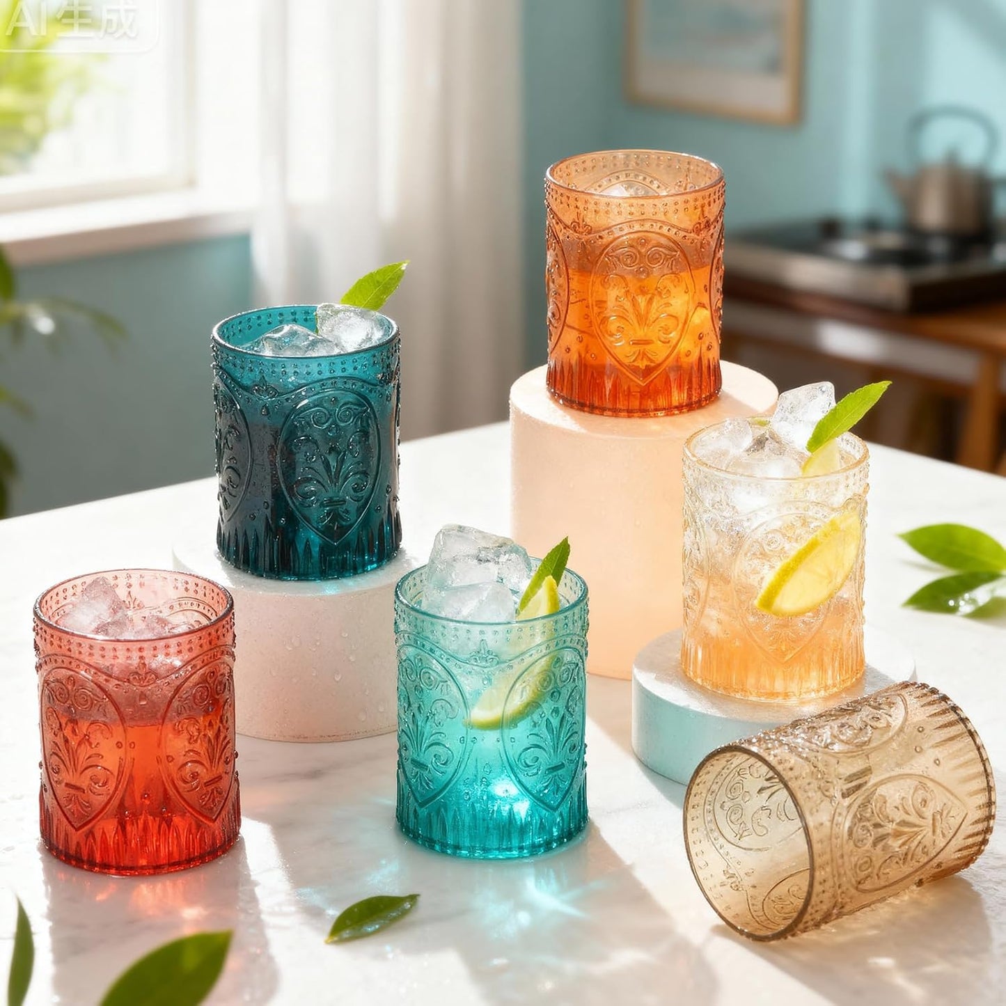 24 Plastic Vintage Drinking Glasses 8.5oz Stemless Retro Embossed Wine Glasses Shatterproof Reusable Cups for Baby Shower Wedding Reception Grand Event Party (Vintage Multicolor)