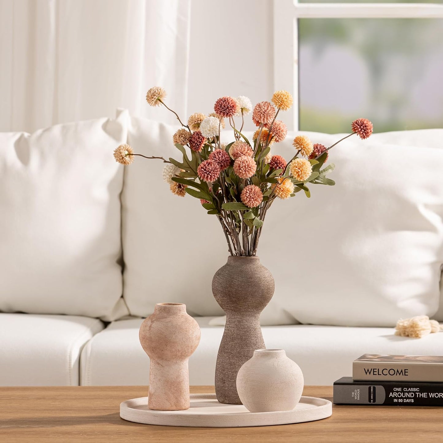 Ceramic Vase Home Table Decor - Flower Vase Set of 3 Living Room Kitchen Decorations Farmhouse Modern Rustic Vases Decorative Centerpiece for Shelf Bedroom Office Bathroom Dining Coffee Desk