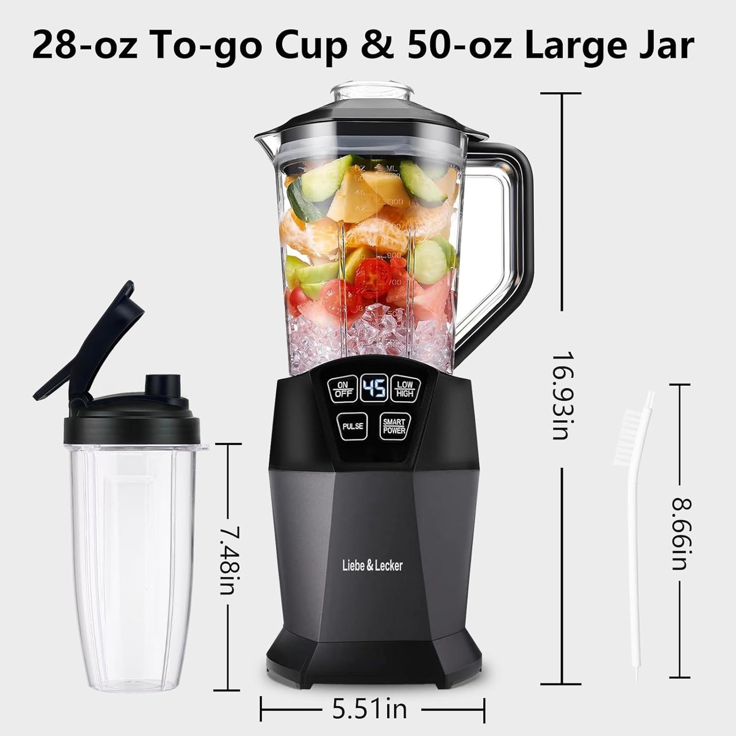 Liebe&Lecker Smoothie Blender, 1200W Blender for Smoothies, Smart Technology Blenders for kitchen Frozen Fruit, Personal Blenders with BPA Free 28-oz To-go Cup and 50-oz Jar