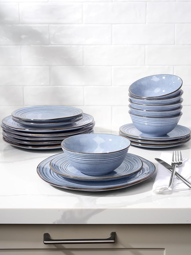 Famiware Plates and Bowls Sets 18-Piece Stoneware Dinnerware Sets, Dishes Set for 6, Hand-made Reactive Glaze Dish Set, Twilight Series, Blue