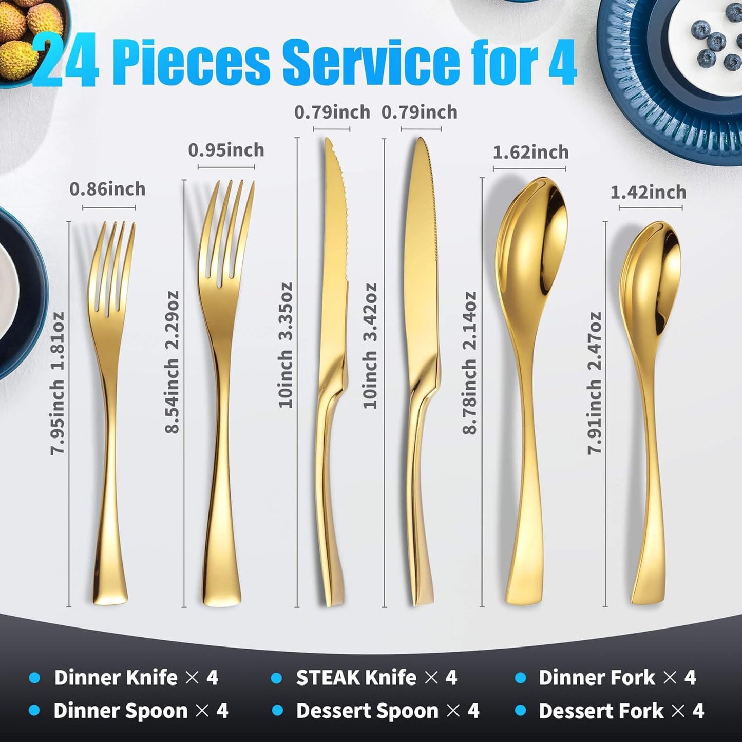 Lemeya 24-Piece Gold Silverware Set with Steak Knives,Forged 18/10 Stainless Steel Cutlery Set for 4,Modern Heavy Duty Flatware Utensils Set,Fork Spoon and Knives Set, Mirror Polished,Dishwasher Safe