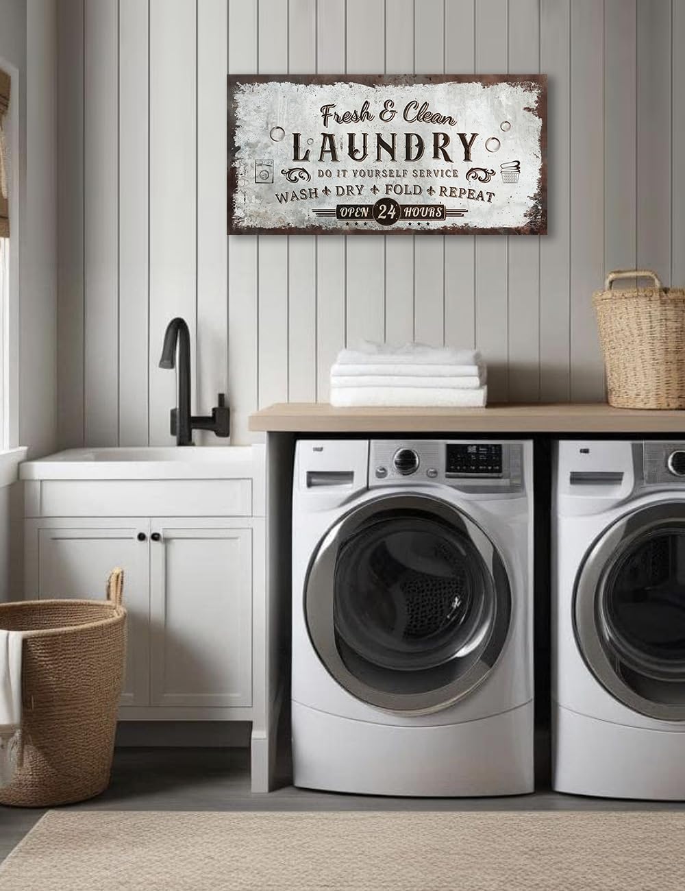 IPIC - Rustic Laundry Sign Wash Dry Fold Repeat, Canvas Print Wall Art for Family Laundry Room, Farmhouse Style Wall Decor For Home Decoration