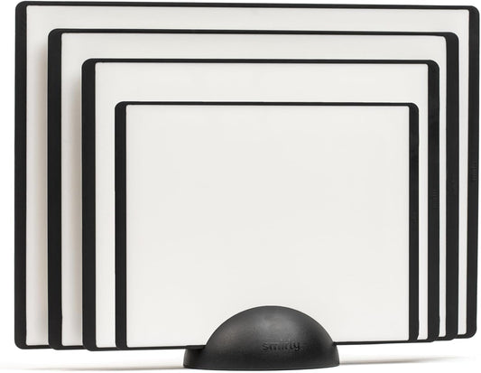 SMIRLY Plastic Cutting Board Set with Holder 4 Pieces, Non-Slip Dishwasher Safe Chopping Boards for Kitchen, Black & White