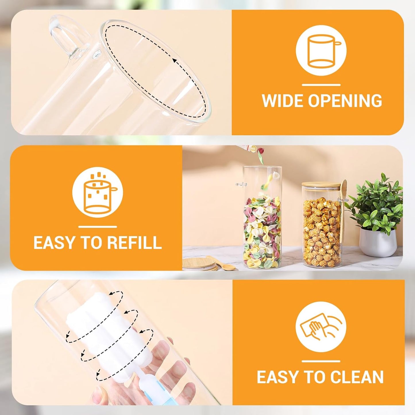 Glass Storage Jars with Lids - 2 Pack 54 Fl.oz Round Glass Pasta Containers with Airtight Bamboo Lids and Spoon, Includes Labels, Marker and Brush, Large Kitchen Jar for Cereal, Rice, Flour