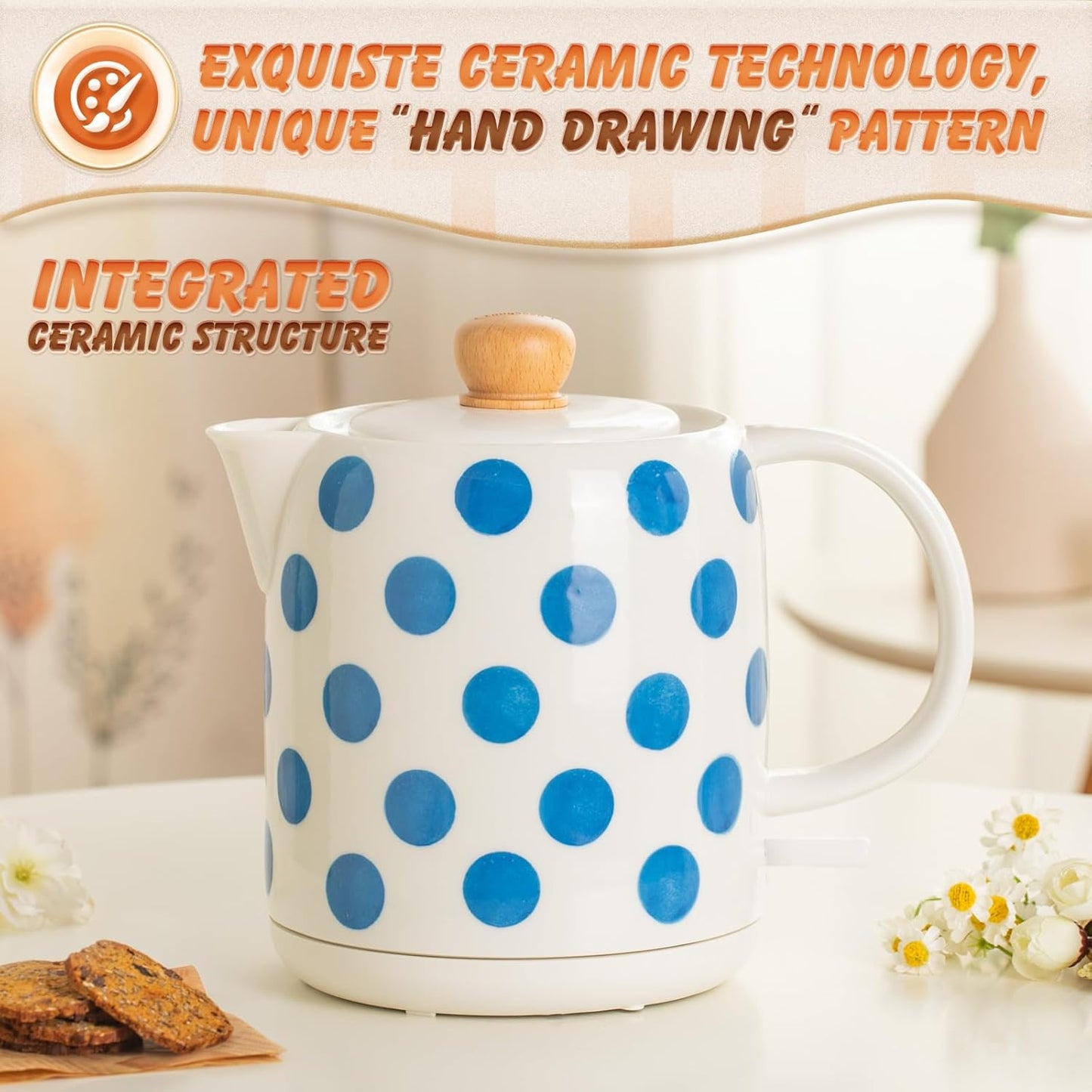 1.0-Liter Ceramic Electric Kettle, 1000W Rapid Boil, Tea Kettles Pot & Hot Water Boiler For Coffee & Tea, Teapot Auto Shut-Off, Boil-Dry Protection