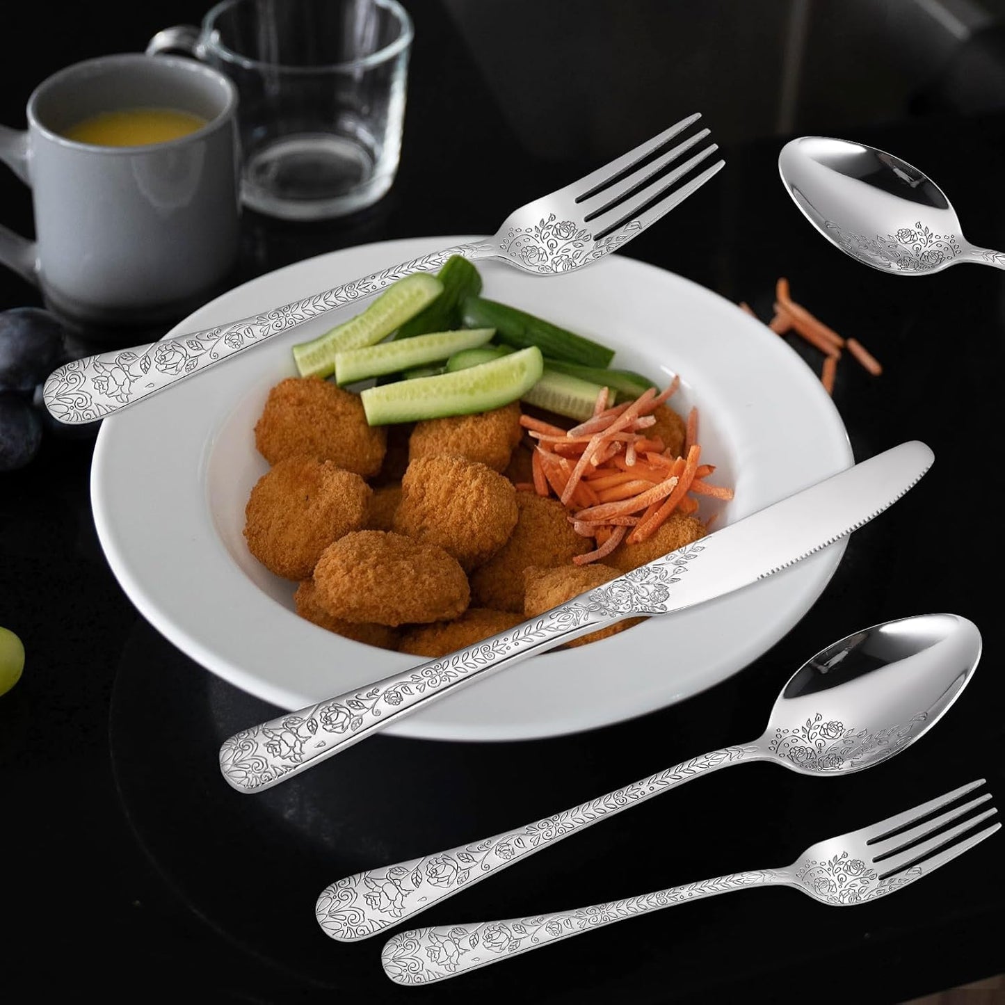 Floral Silverware Set 6 Silvery Flatware Stainless Steel with Delicate Engraved Rose Flower Embossed Design Complete 30 Piece Cutlery for Restaurant Utensils Home Kitchen Daily Use