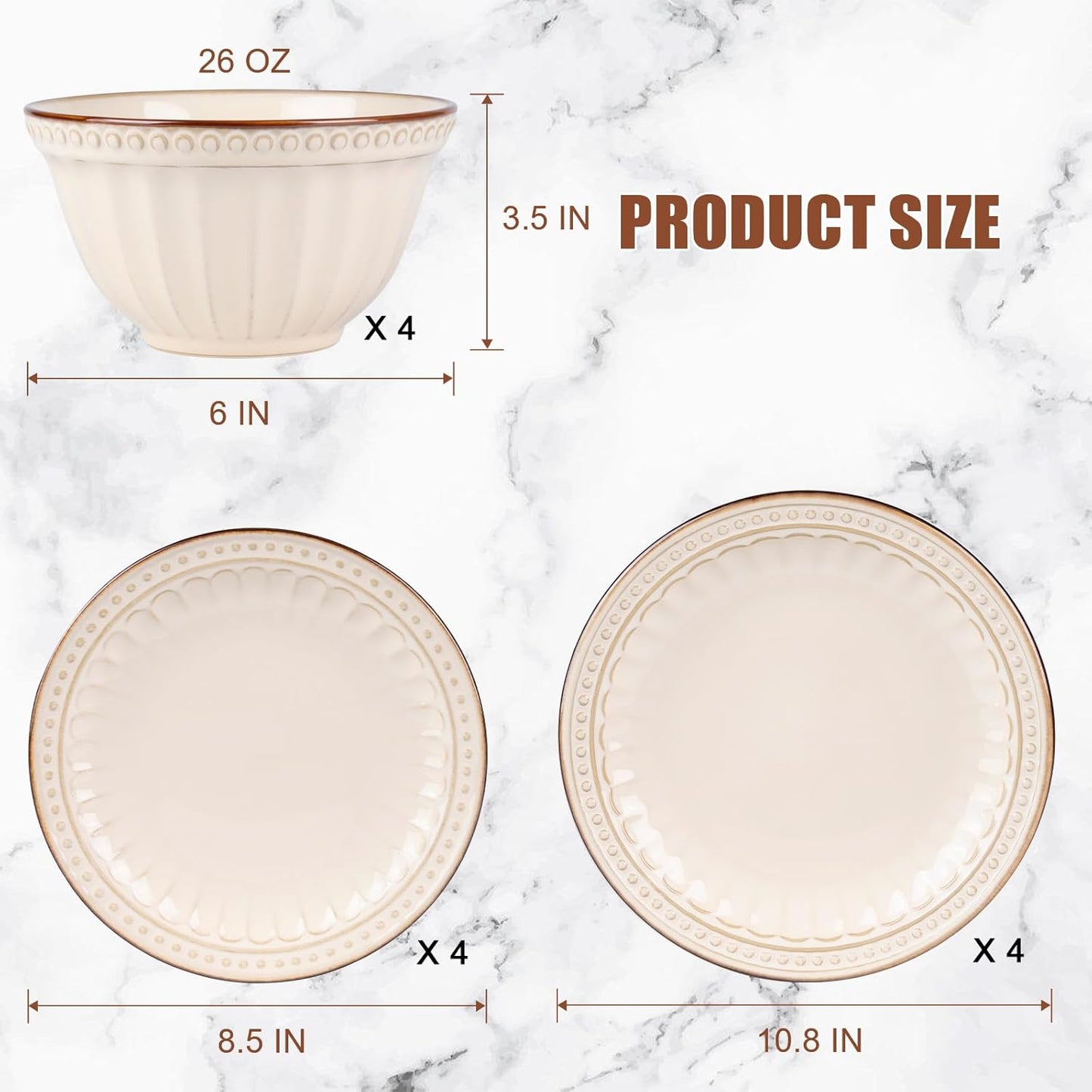 Dinnerware Set Cream White 12 Pieces Service for 4, Stoneware Plates and Bowls Set Stoneware Set, Dishwasher Microwave Safe Dishes set