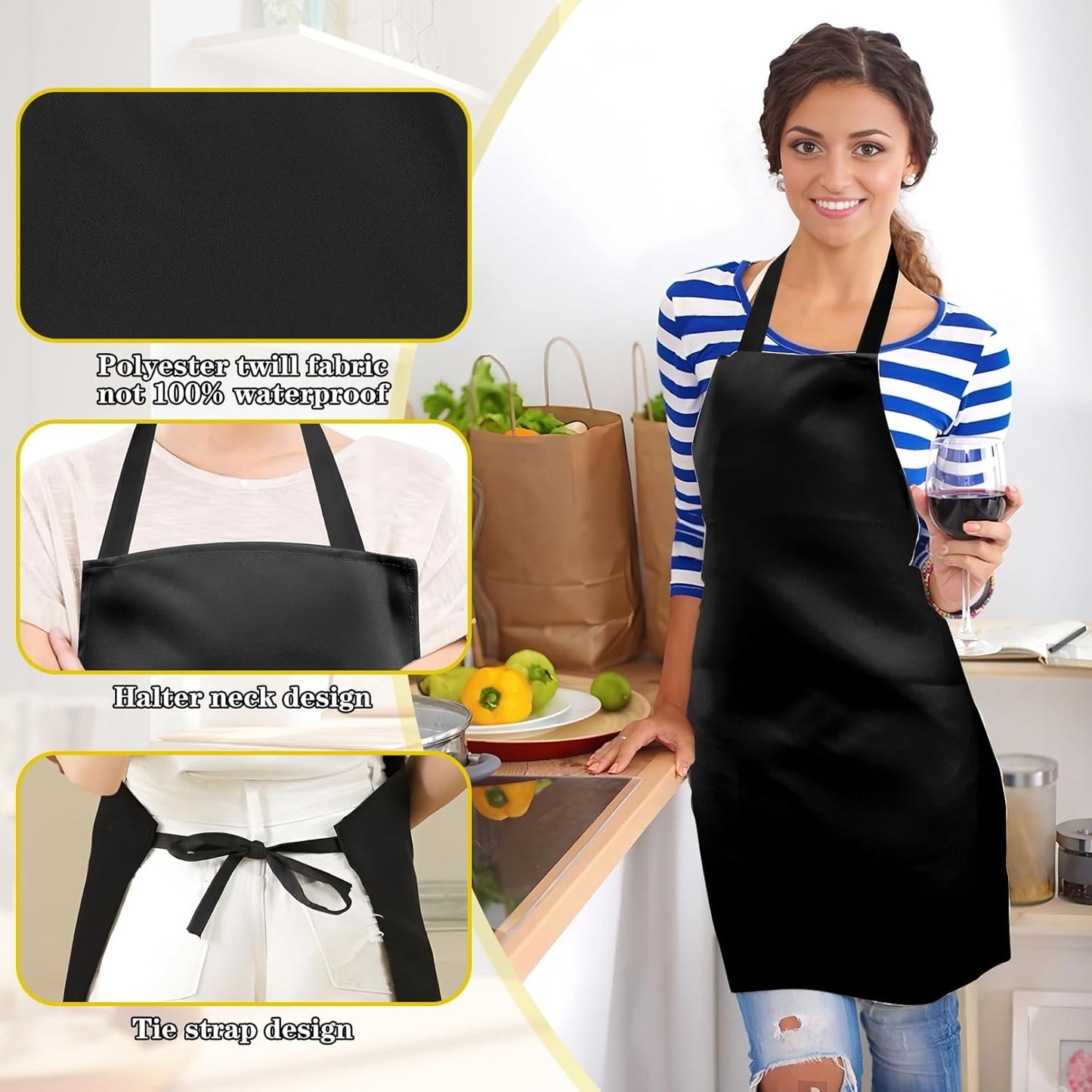12 Pack Black Bib Apron,Unisex Bib Aprons Bulk,Chef Apron without Pockets,Washable Kitchen Aprons for Women Men Kitchen Cooking, Crafting Painting, BBQ(Black)