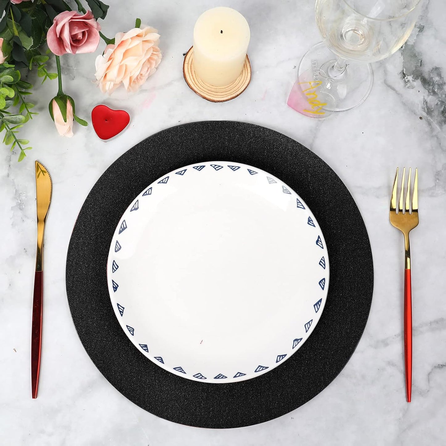 50 Pieces Black Glitter Paper Place Mats Sparkle 14'' Round Disposable Table Mats Black Doilies Decorative Placemats for Wedding Banquet Party Home Dining Table Decor
