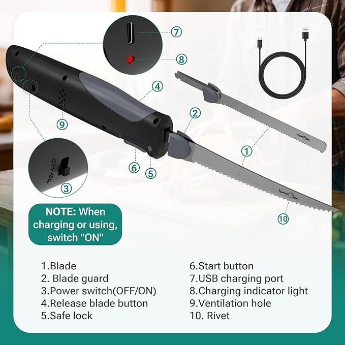 VLOXO Cordless Electric Knife, Rechargeable Electric Carving Knife with 2 Ti-Nitride S.S. Coated Non-Stick Blades Non-Slip Handle Safety Lock Electric Knives for Meat Slicing Fish Fillet Bread Turkey