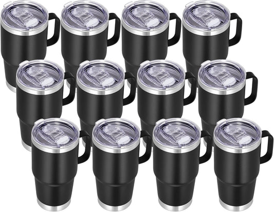 VEGOND 20 oz Tumbler Bulk with Handle Lid and Straw, Stainless Steel Insulated Travel Coffee Mug Set, Spill Proof Double Wall Metal Tumblers Cups, Powder Black 12 Pack
