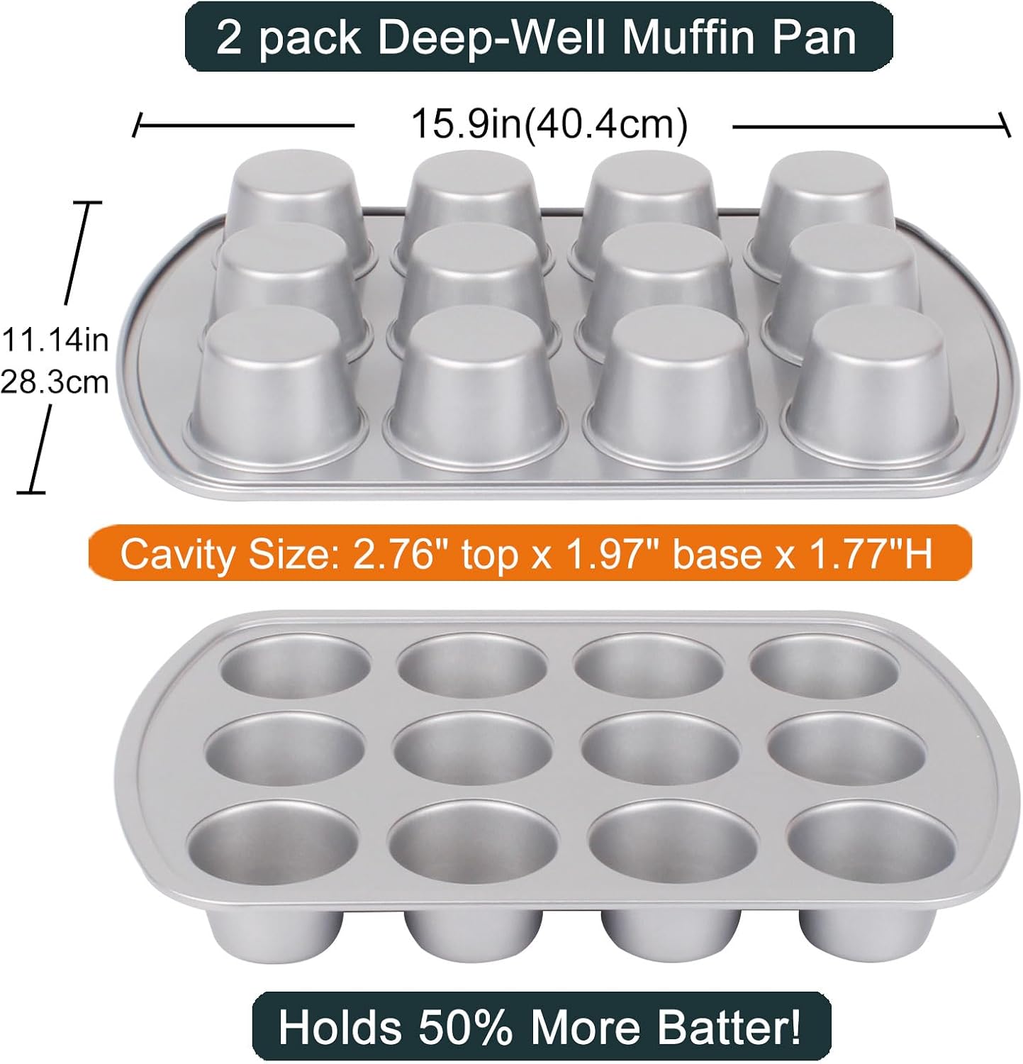 Deep Well Muffin Pan - 12-Cup 2-Pack, 1.77-Inch Deep Cups (50% More Batter), Heavy Duty Carbon Steel with Nonstick and Non-Toxic Coating, 15.9 x 11.1 Inches