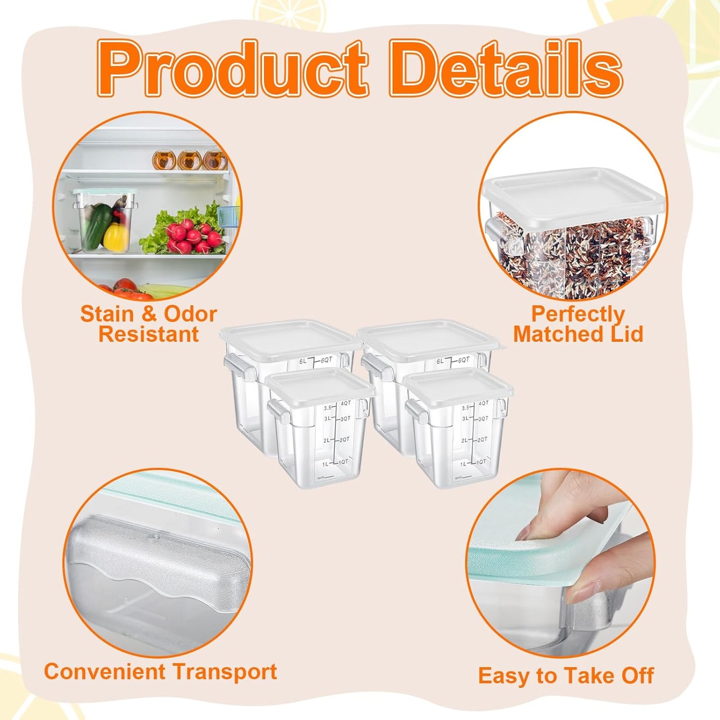 Suclain 8 Pack 4 QT and 6 QT Food Storage Containers with Lids Scales Handles Square Clear Restaurant Food Storage Containers Polycarbonate Commercial Grade for Kitchen Marinating Meat Dough(White)