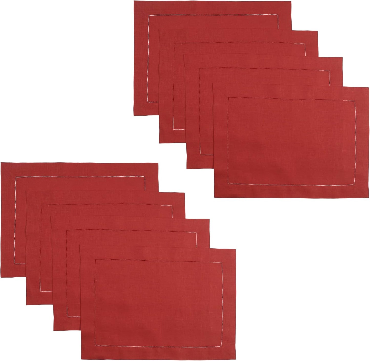 D'Moksha Homes Linen Placemats Set of 8 - Classic Hemstitch Bright Red Placemats 14 x 19 Inch - 100% Pure Linen Table Mats for Fall, Autumn and Halloween - Handcrafted and Machine Washable