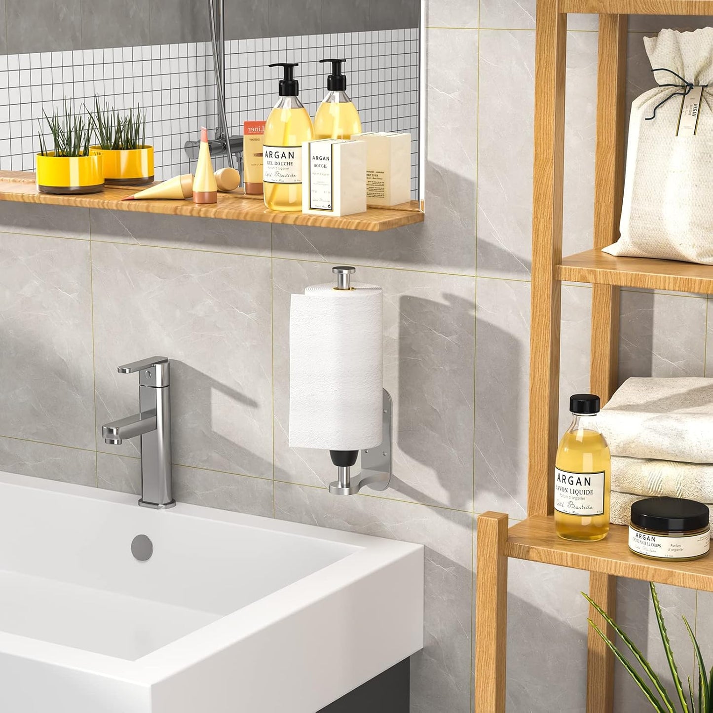 Paper Towel Holder Under Cabinet, One-Handed Tear, Wall Mount, Adhesive, Silver, Paper Roll Holder with Ratchet Mechanism for Kitchen Bathroom Farmhouse Essentials Decor Accessories