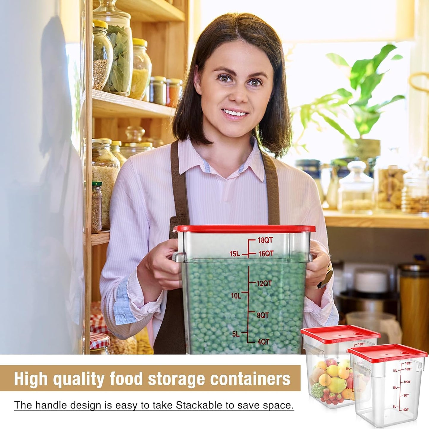 Suclain 2 Pcs Square Food Storage Container Polycarbonate Clear Food Container with Red Lid Commercial Rice Storage with Red Graduations for Commercial Kitchen (Quarts, 22)