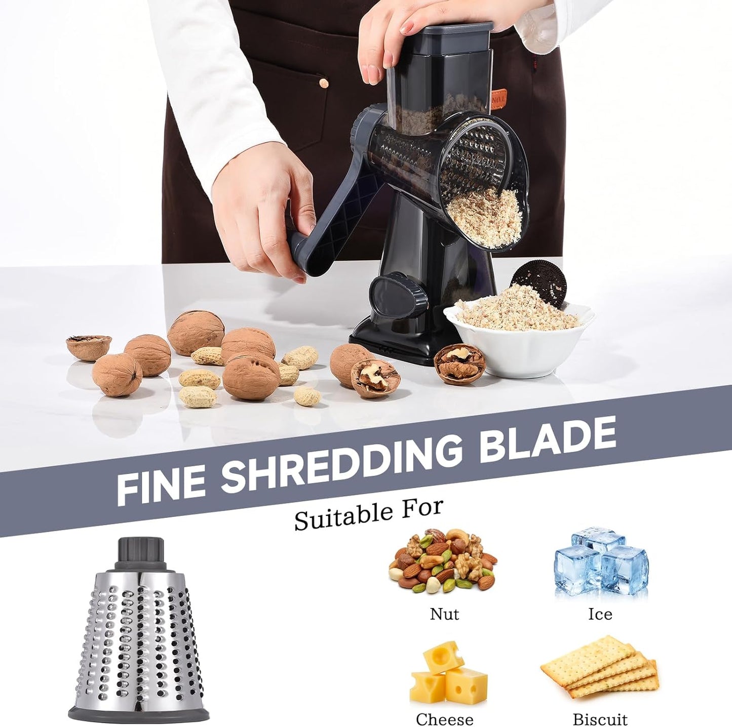Rotary Cheese Grater with Handle Kitchen Shredder Slicer Grater Slicer Ice Shaver Cheese Vegetable Nuts Potato Zucchini Chocolate 3 Interchangeable Blades (Grey TSP)