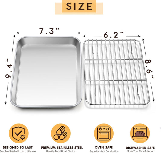 E-far Small Metal Toaster Oven Tray with Rack Set, 9.4”x7.3” Baking Sheet Broiling Pan with Stainless Steel Wire Cooling Rack, Non-Toxic Compact Bakeware for Toaster Oven - Dishwasher Safe