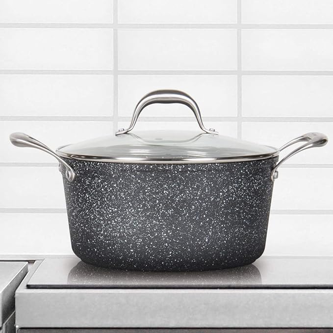 MasterPan 5QT Ultra Non-Stick Cast Aluminum Stock Pot with Glass Lid, 5 Quart, Granite Series