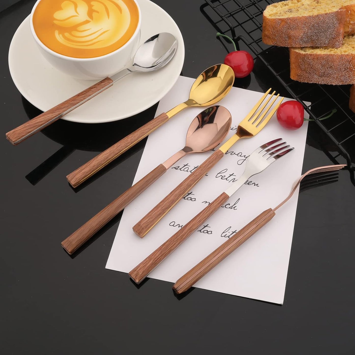 JASHII Wood Handle Flatware Set, 20 Pieces Stainless Steel Silverware Cutlery Set, Mirror Polished, Square Knife Fork Spoon Set, Dishwasher Safe - Korean Style Rose Gold