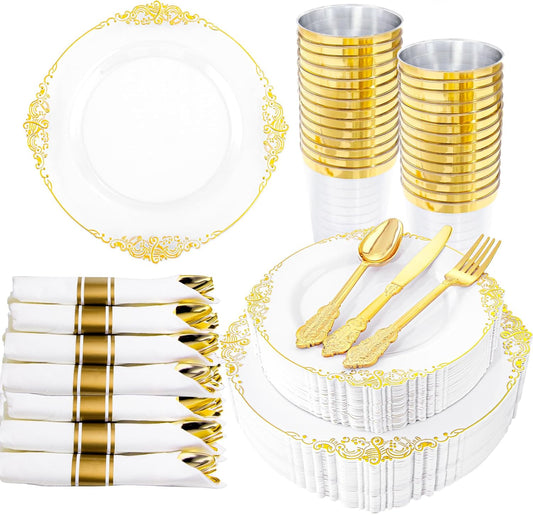 Hioasis 210pcs White and Gold Plastic Plates - Disposable Dinnerware Set Suitable for 30 Guests Include 10.25" Dinner & 7.5" Dessert Plates, Pre Rolled Silverware Set, Cups for Party & Thanksgiving