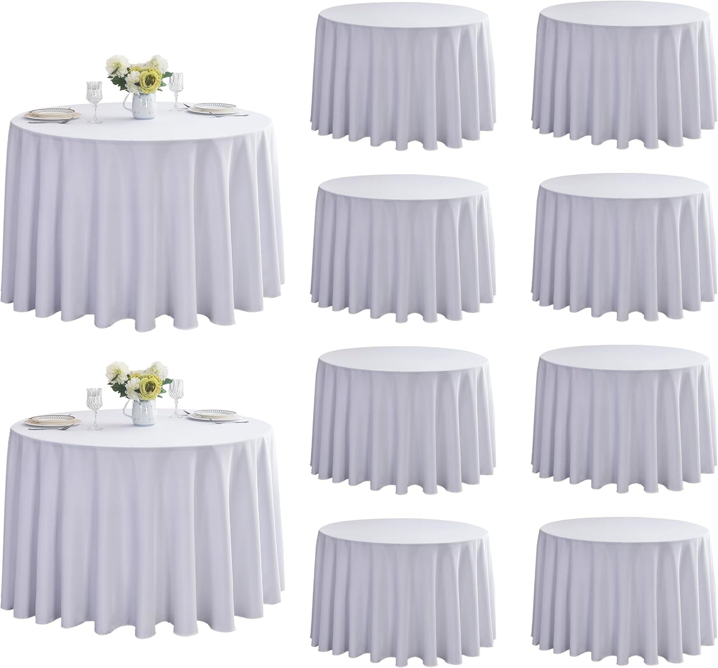 10-Pack Round 90-inch White Table Cloths, Solid Stain and Wrinkle Resistant Circular Tablecloth, Premium Plain Weave Polyester Fabric Table Linen Covers for Hotel, Banquet