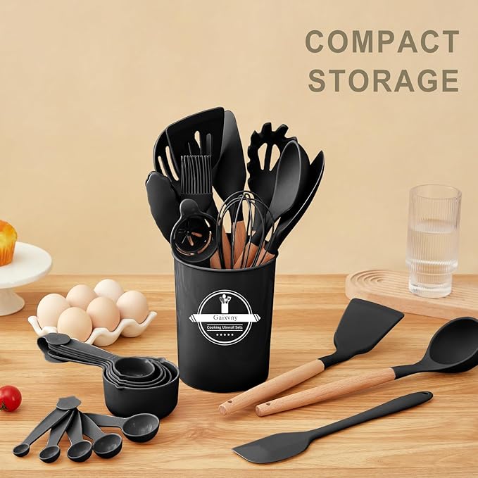 Kitchen Utensils Set - 34 PCS Non-Stick Silicone Cooking Utensils Set with Wooden Handle,Kitchen Gadgets Tools Set for Nonstick Cookware (Black-34P)